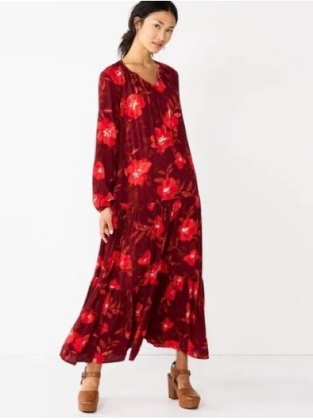 Sonoma Burgundy Tiered Long Sleeve Rayon Flowy Maxi Dress Red Floral Print XL